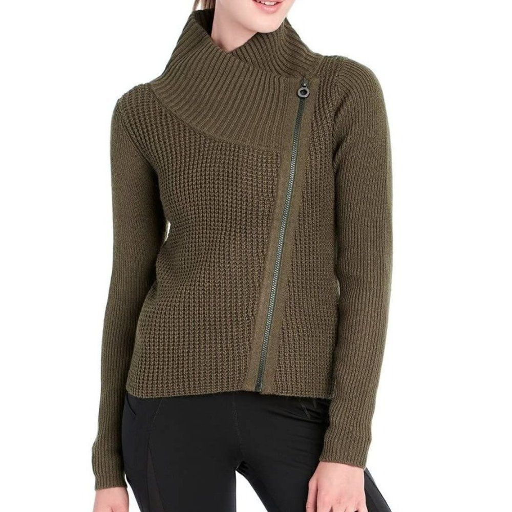 Lole Jazlyn Cardigan Asymmetrical Zip Up Wool Blend Knit Sweater Jacket Green
